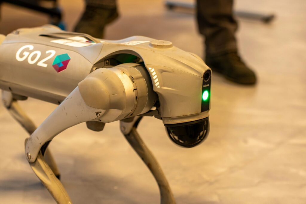 A robotic dog with 'Go2' branding, captured indoors, showcasing modern technology.